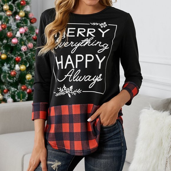 Christmas holiday Buffalo Check Merry Everything Happy Always Long Sleeve Shirt - Picture 4 of 13